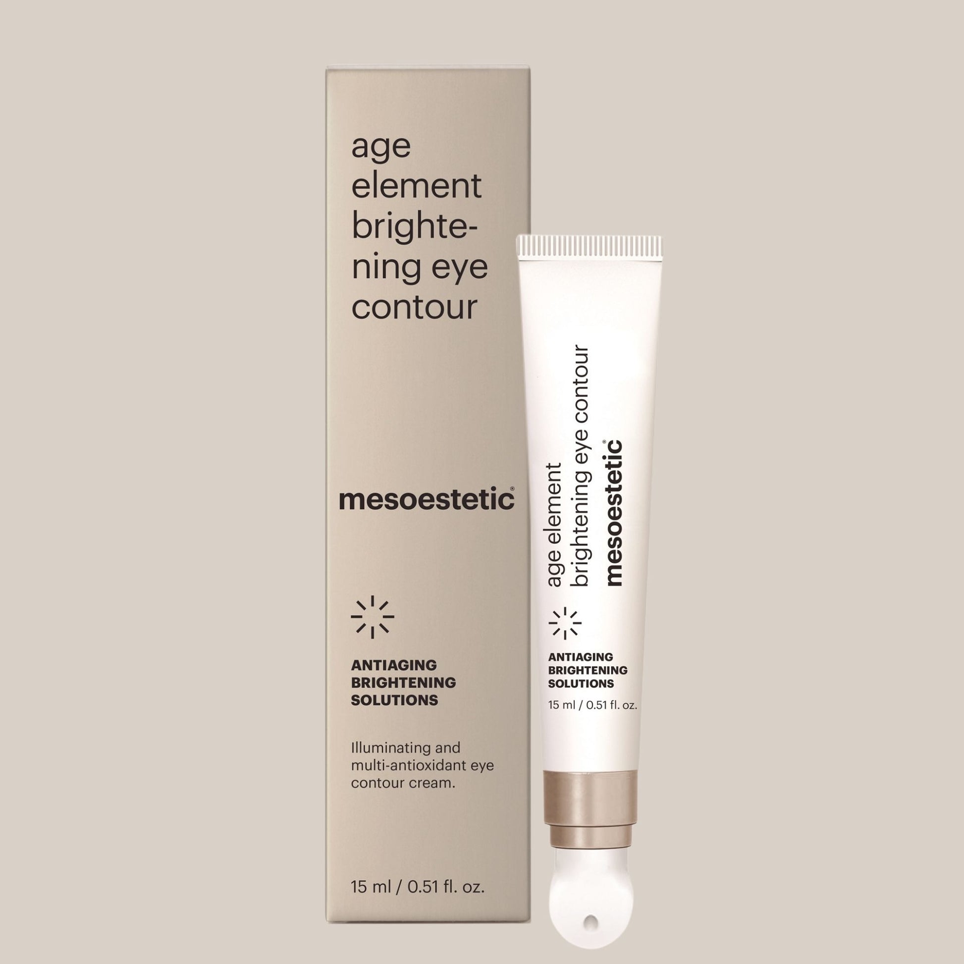 Mesoestetic Age Element Brightening Eye Contour - luksuzna krema za područje oko očiju u elegantnoj bočici, idealna za smanjenje tamnih krugova i hidrataciju.