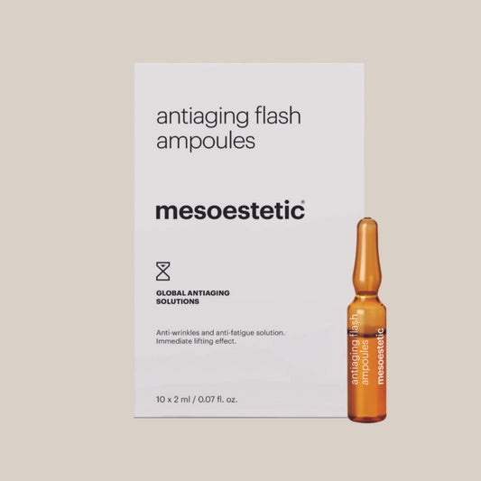 Mesoestetic Antiaging Flash Ampule - luksuzne ampule u elegantnom pakiranju, idealne za trenutni učinak pomlađivanja, smanjenje bora i poboljšanje elastičnosti