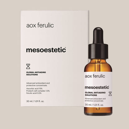 Mesoestetic AOX Ferulic - luksuzni antioksidativni serum u elegantnoj bočici, idealan za zaštitu kože od slobodnih radikala i poboljšanje sjaja