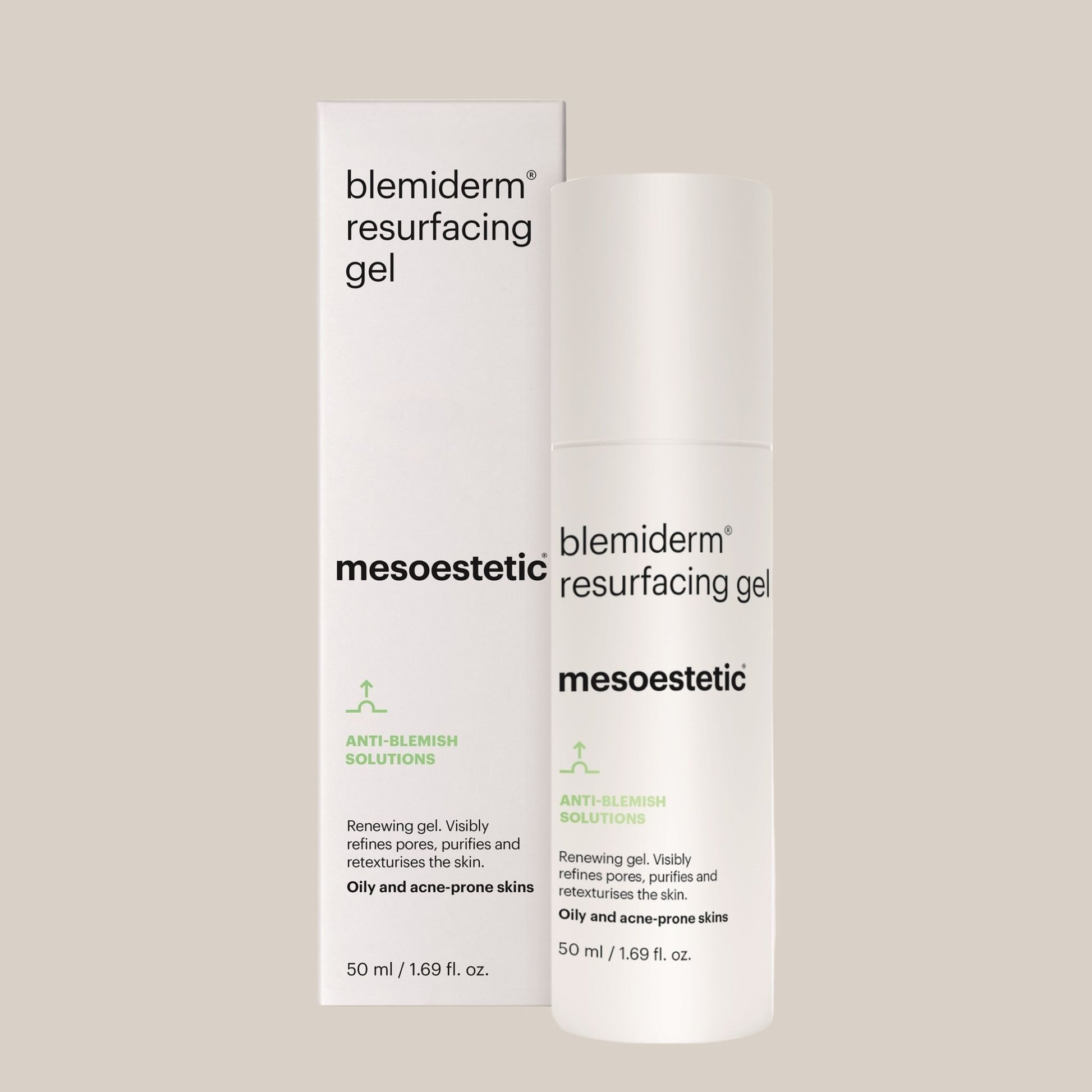 Mesoestetic Blemiderm Resurfacing Gel - luksuzni gel za eksfolijaciju u elegantnoj bočici, idealan za smanjenje ožiljaka i poboljšanje teksture kože.