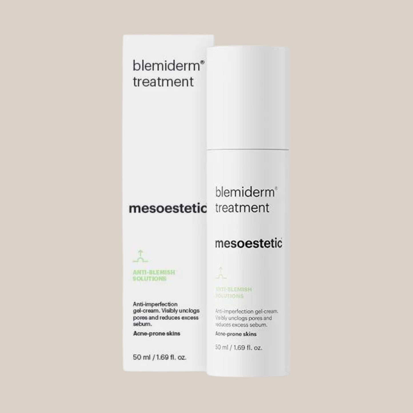 Slika Mesoestetic Blemiderm® Treatment - luksuzni tretman u elegantnom pakiranju, idealan za smanjenje nepravilnosti, akni i ožiljaka na koži."