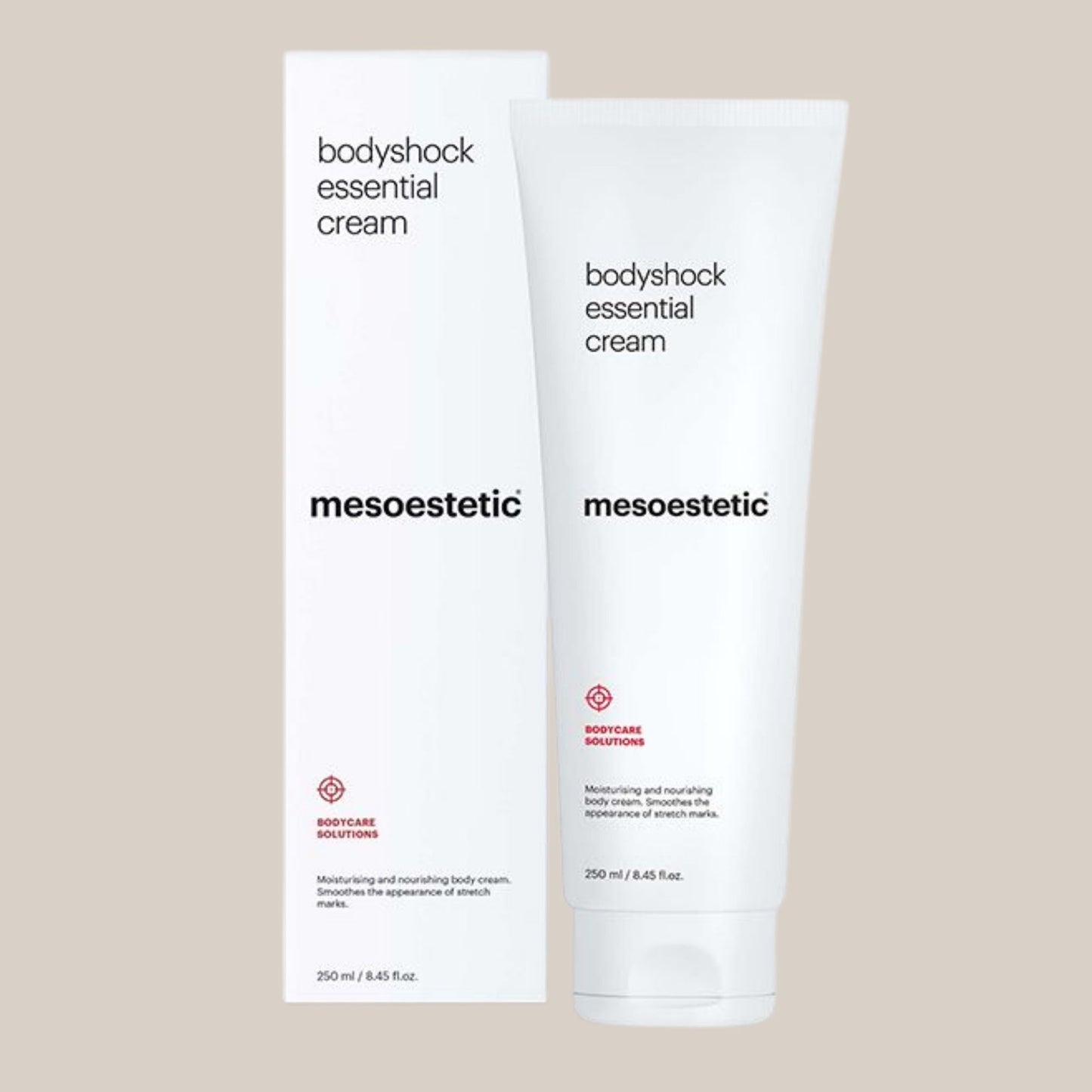 Slika Mesoestetic Bodyshock Essential Cream - luksuzna krema za tijelo u elegantnoj bočici, idealna za poboljšanje hidratacije, tonusa i elastičnosti kože.