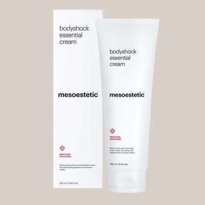 Slika Mesoestetic Bodyshock Essential Cream - luksuzna krema za tijelo u elegantnoj bočici, idealna za poboljšanje hidratacije, tonusa i elastičnosti kože.