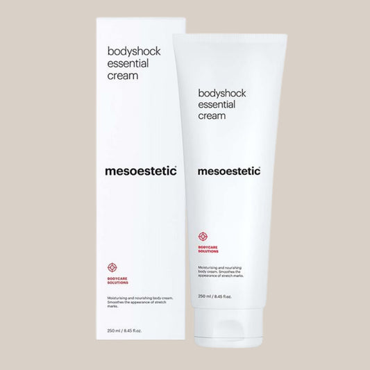 Slika Mesoestetic Bodyshock Essential Cream - luksuzna krema za tijelo u elegantnoj bočici, idealna za poboljšanje hidratacije, tonusa i elastičnosti kože.