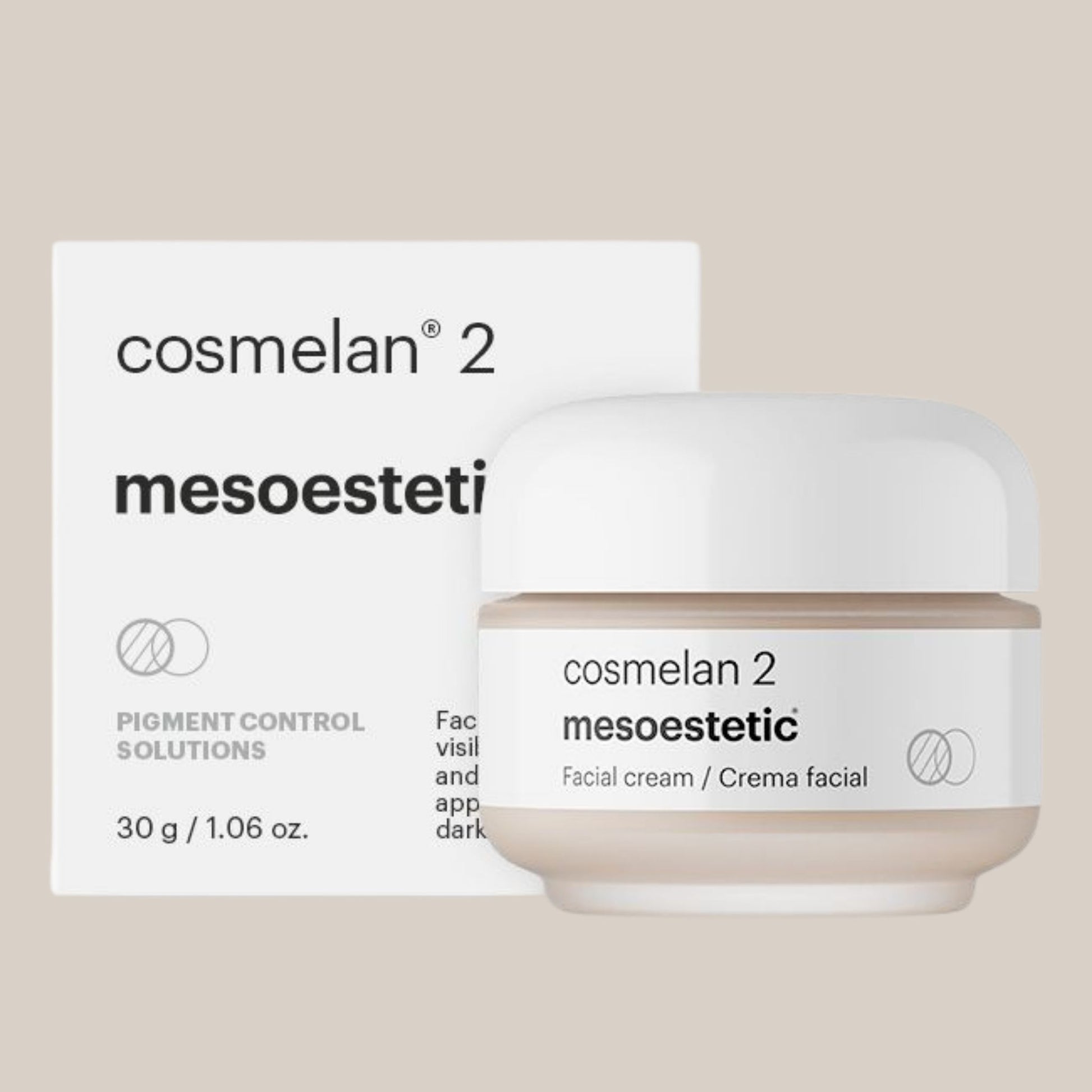 Slika Mesoestetic Cosmelan 2 - luksuzna krema u elegantnoj bočici, dizajnirana za smanjenje hiperpigmentacije i tamnih mrlja, idealna za održavanje rezultata nakon Cosmelan tretmana