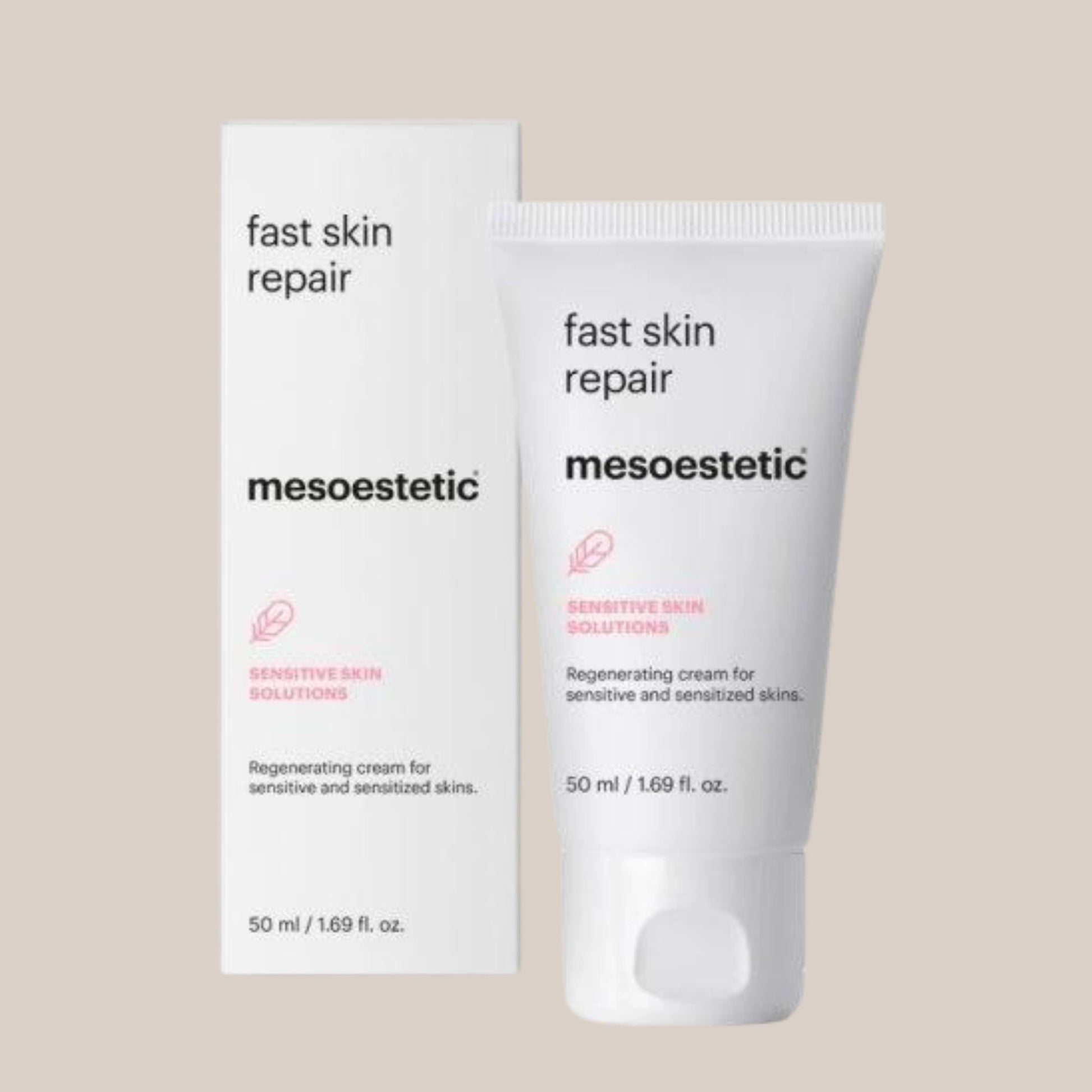 Mesoestetic Fast Skin Repair - luksuzna krema u elegantnoj bočici, idealna za brzu obnovu i revitalizaciju kože, smanjuje crvenilo i poboljšava hidrataciju.