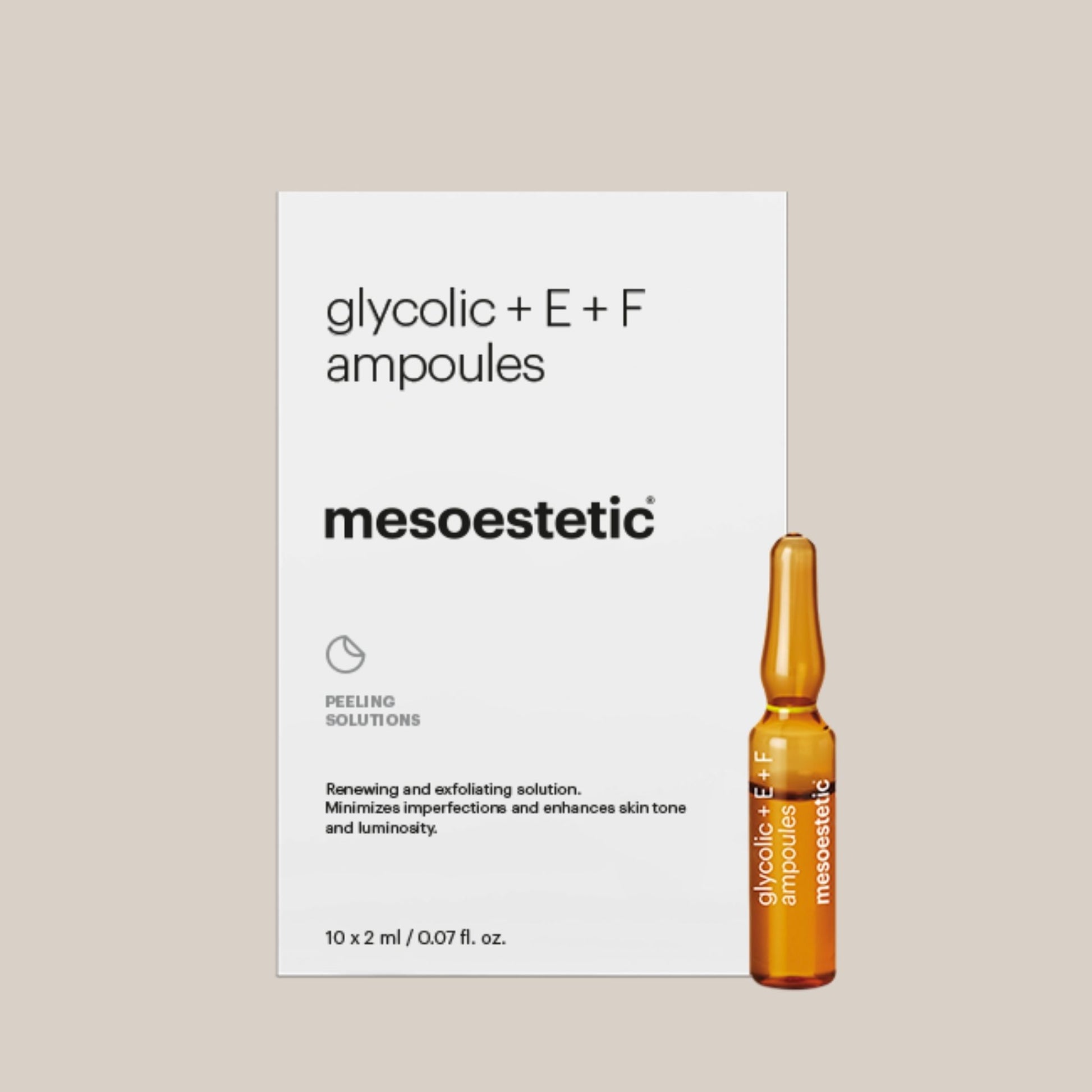 Slika Mesoestetic Glycolic 10%E+F Ampule - bočice ampula s 10% glicolnom kiselinom, vitaminom E i F, pružaju intenzivnu obnovu kože, poboljšavaju teksturu i smanjuju fine bore