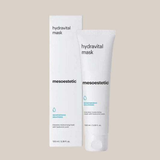 Slika Mesoestetic Hydra-Vital Mask - luksuzna hidratantna maska u elegantnoj bočici, dizajnirana za dubinsku hidrataciju i revitalizaciju kože, smanjuje suhoću i vraća svježinu