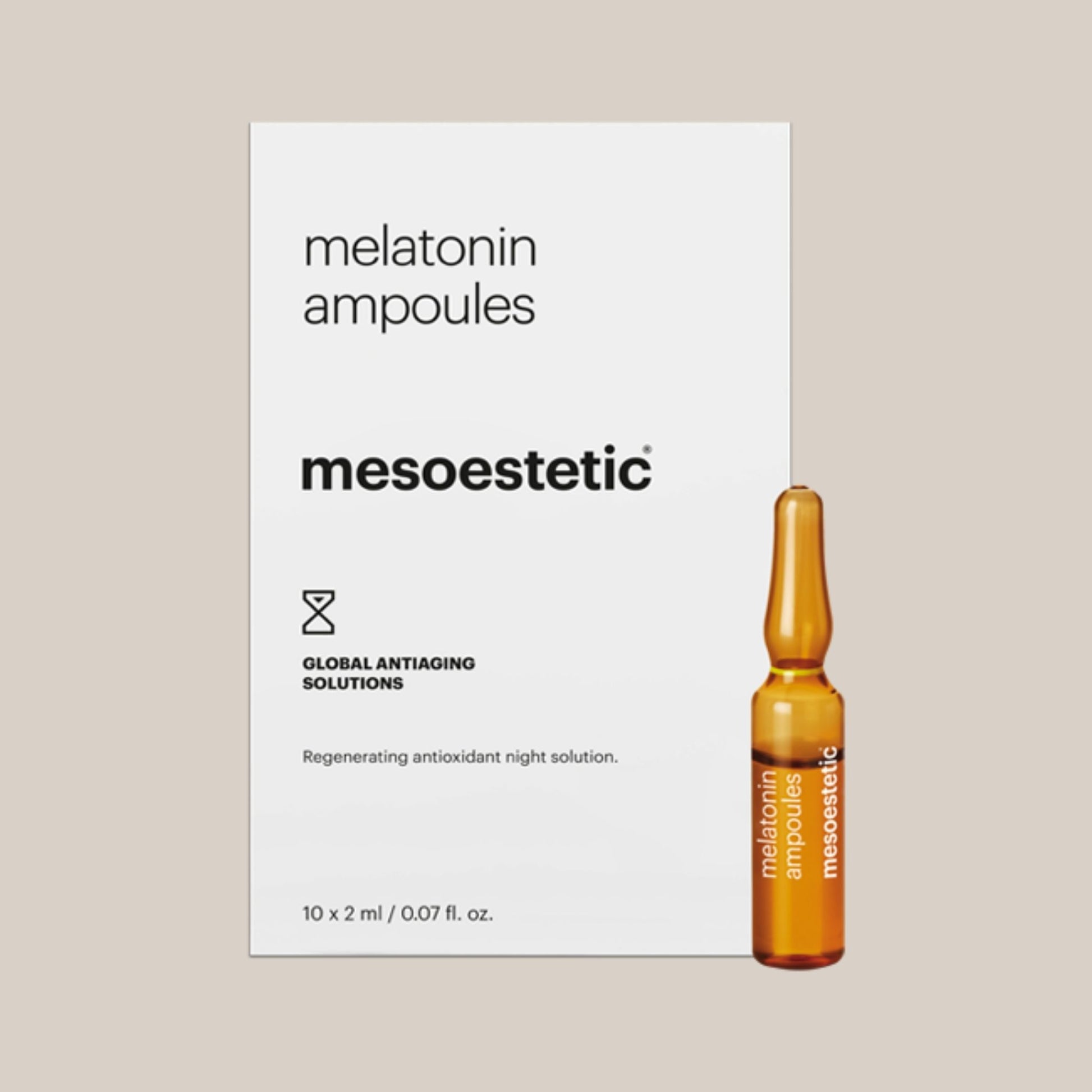 Slika Mesoestetic Melatonin Ampoule - elegantne ampule koje sadrže melatonin za noćnu obnovu kože, pomažu u smanjenju znakova umora i poboljšavaju teksturu kože