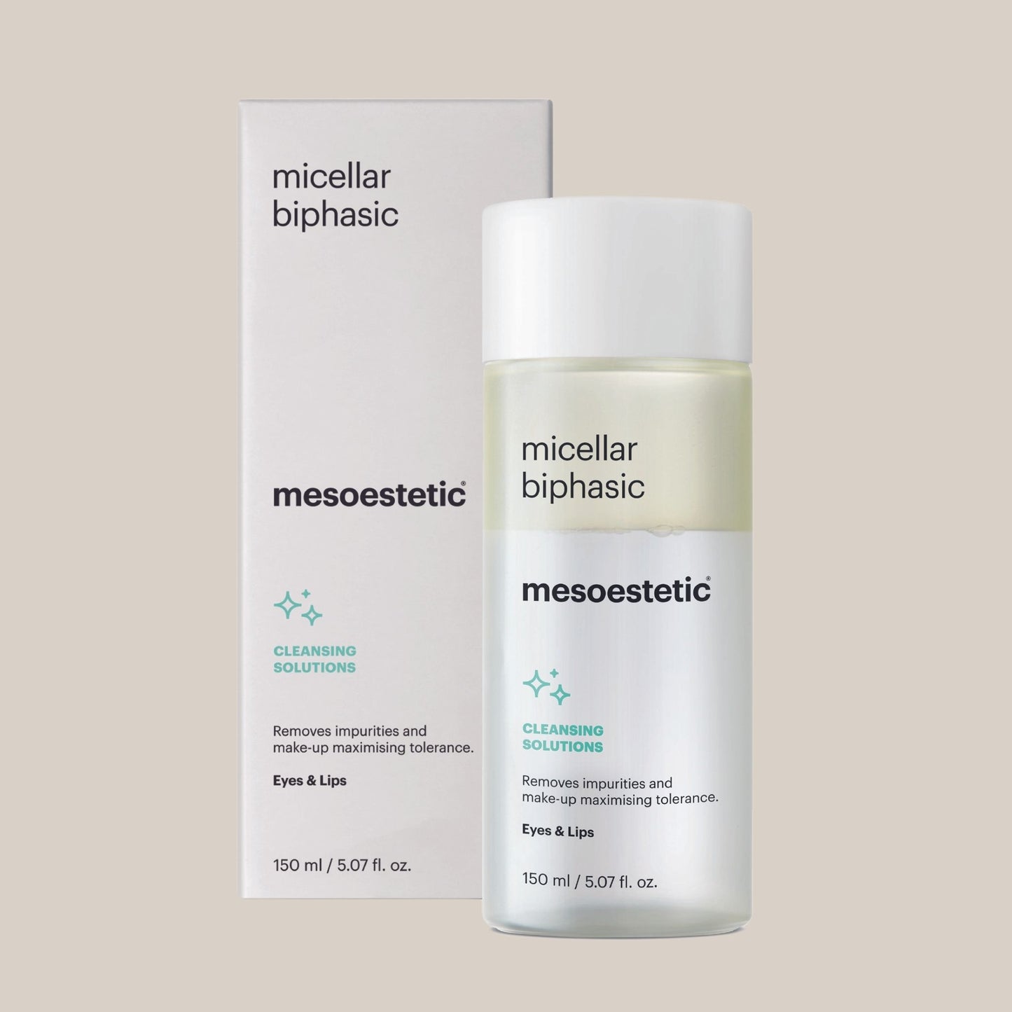 Slika Mesoestetic Micellar Biphasic - elegantna bočica dvostruke micelarne otopine koja učinkovito uklanja šminku i nečistoće, kombinirajući micelarnu vodu i ulje za nježno čišćenje