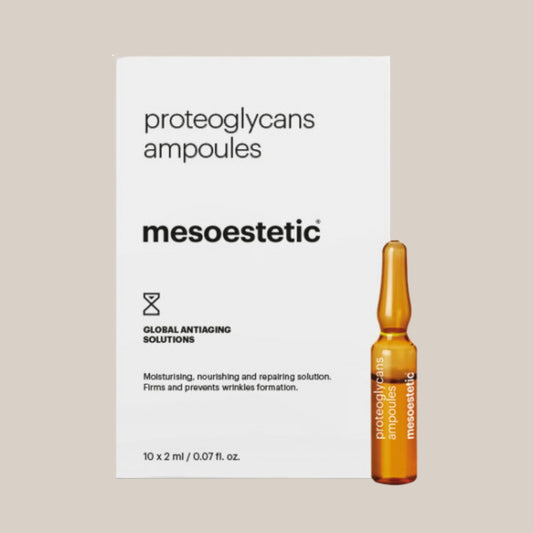 Slika Mesoestetic Proteoglycans Ampoule - elegantne ampule koje sadrže proteoglikane, dizajnirane za dubinsku hidrataciju, poboljšanje čvrstoće i elastičnosti kože, te smanjenje bora.