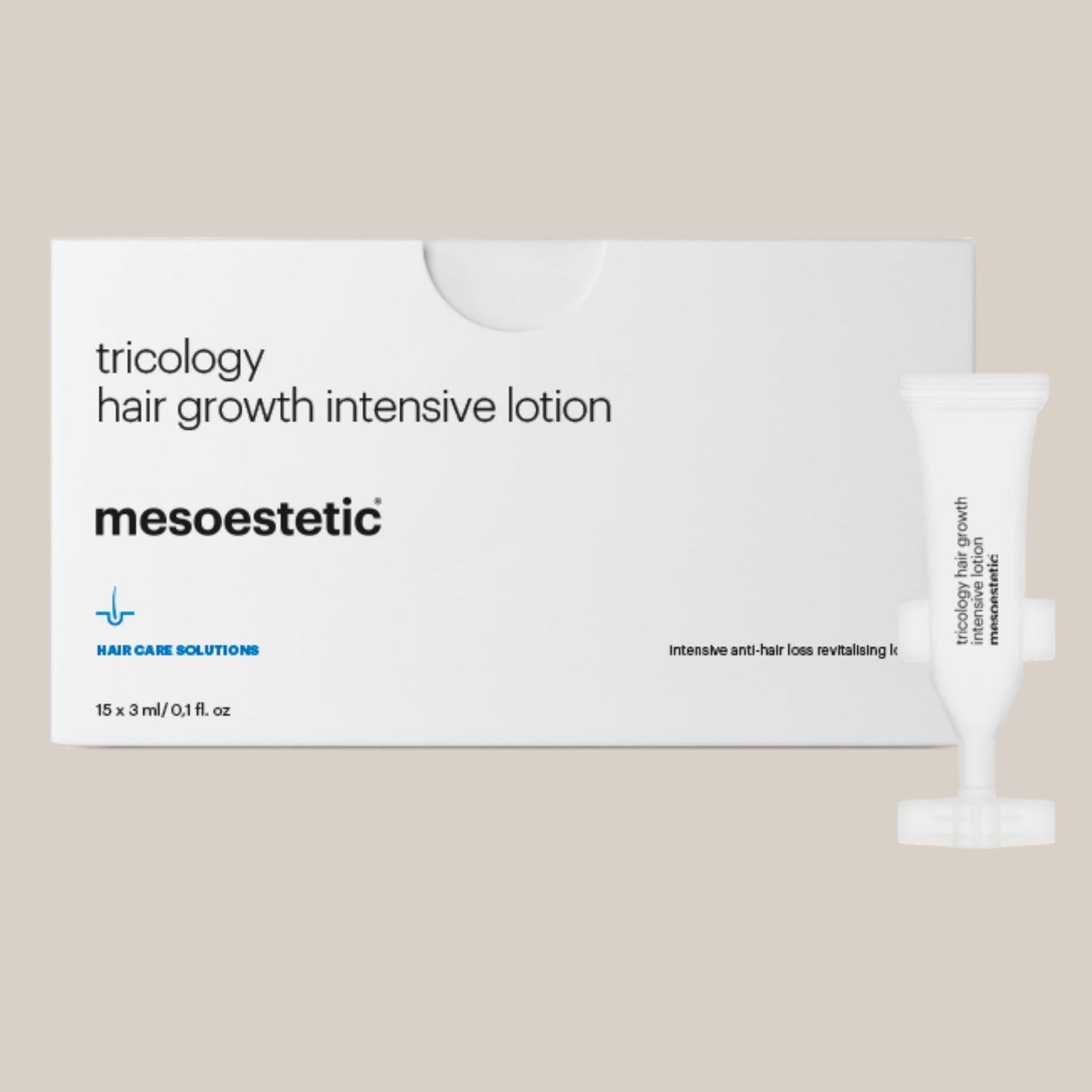 Slika Mesoestetic Tricology Hair Growth Intensive Lotion - bočica intenzivnog losiona za rast kose koji stimulira folikule i potiče rast novih vlasi, pomaže u jačanju kose i smanjenju gubitka.