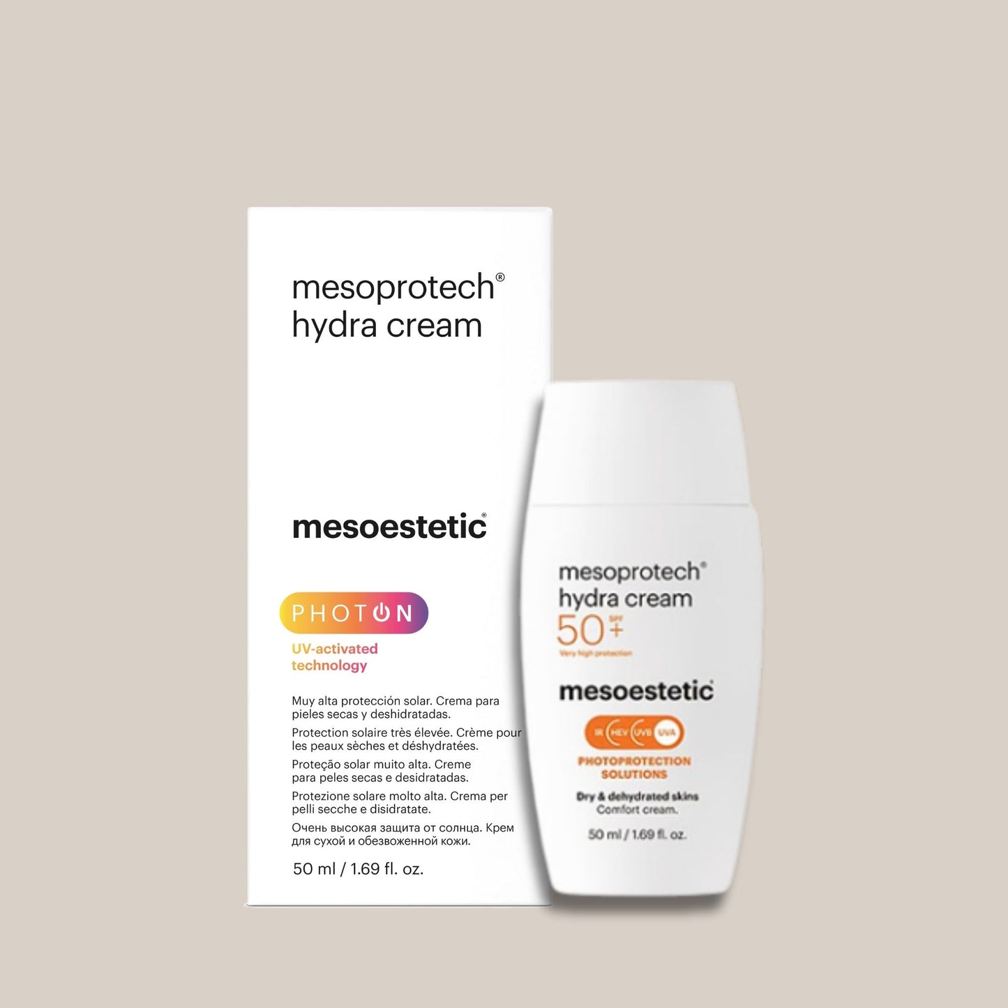 Slika Mesoprotech Hydra Cream 50+ - bočica hidratantne kreme s visokom SPF 50+ zaštitom, koja štiti kožu od UV zraka i pruža intenzivnu hidrataciju, idealna za sve tipove kože.