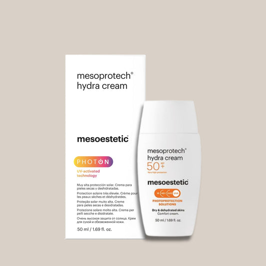 Slika Mesoprotech Hydra Cream 50+ - bočica hidratantne kreme s visokom SPF 50+ zaštitom, koja štiti kožu od UV zraka i pruža intenzivnu hidrataciju, idealna za sve tipove kože.